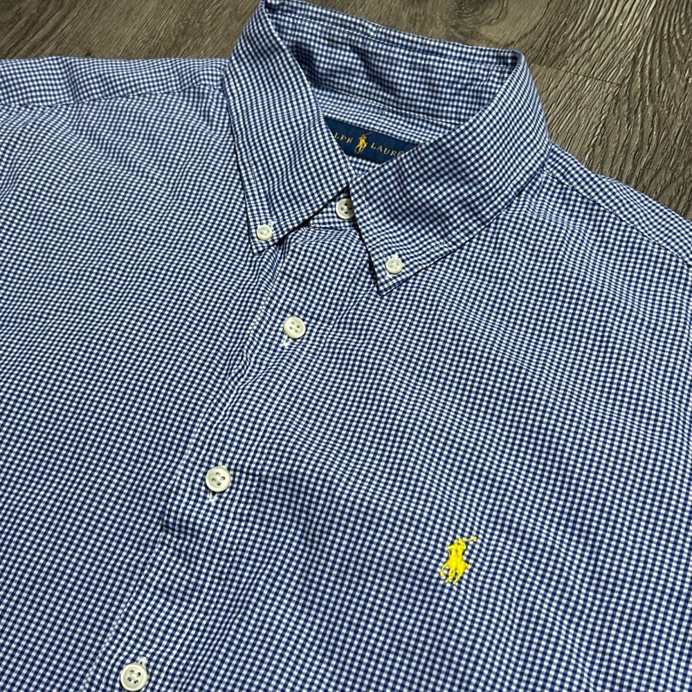 Ralph Lauren Button Down Shirt XL Blue Gingham Short Sleeve Cotton Lightweight